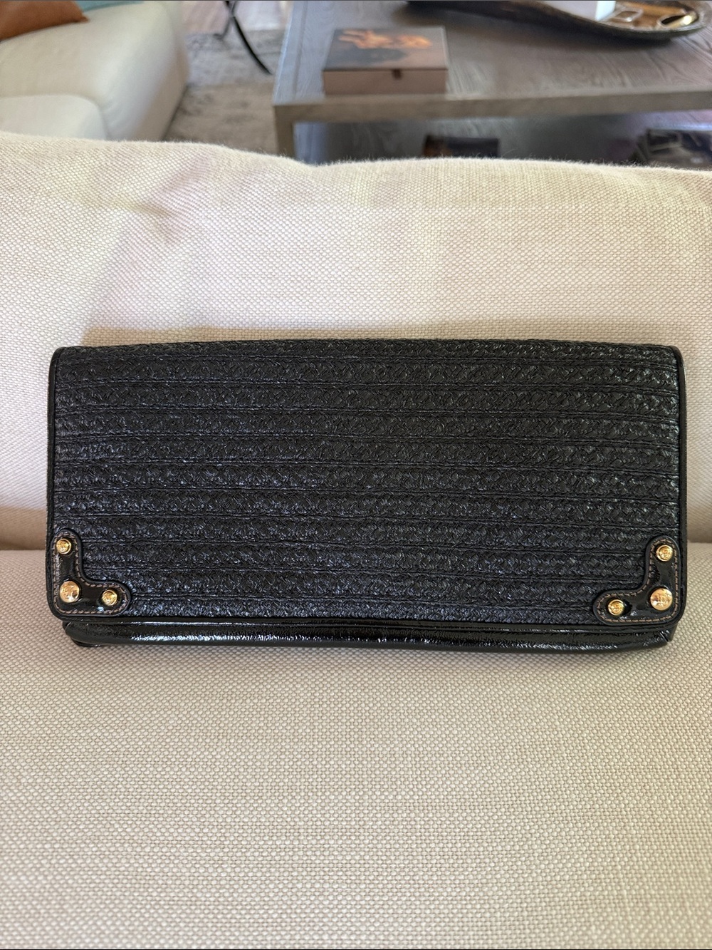 Eric Javits Black Textured Clutch with Gold Stud Accents